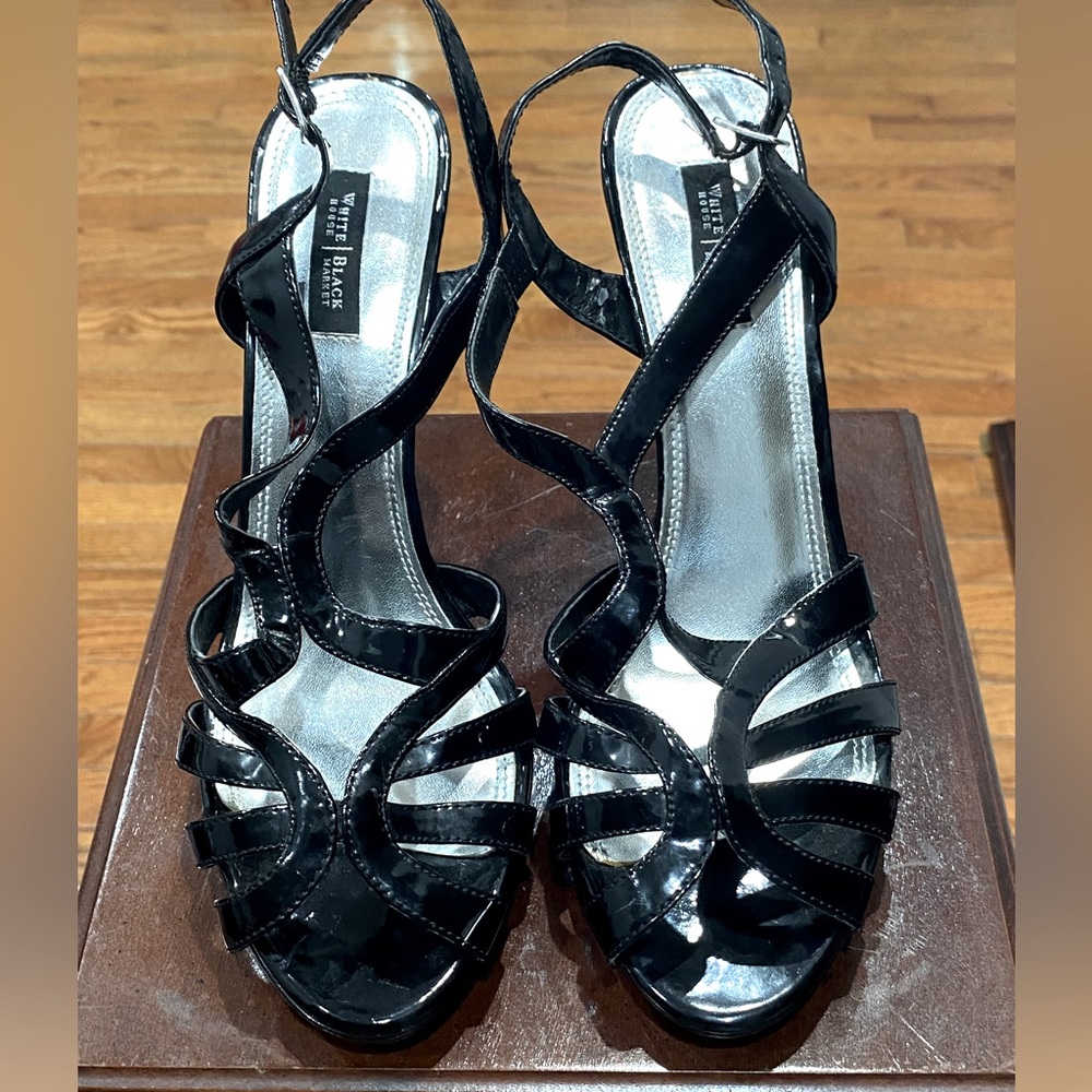 White House black market black Bali strapy heeled sandals.